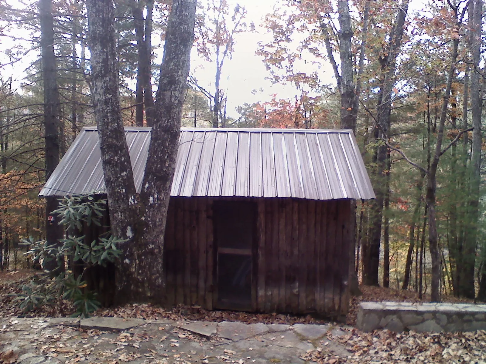 New metal gable roof on a small log shed among the trees in Fiskdale